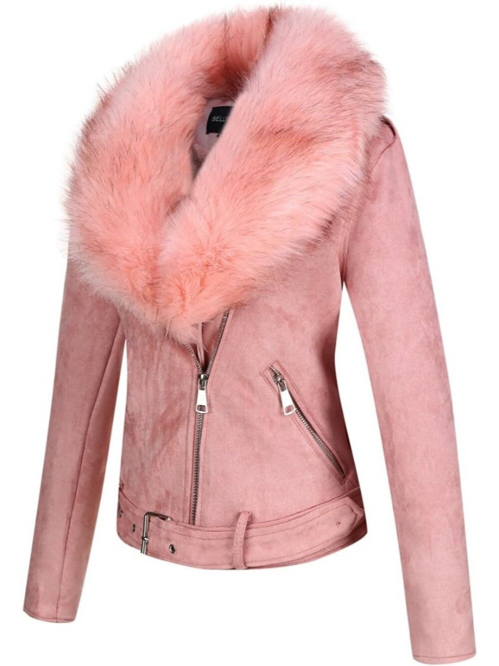〽️Pink Women's Faux Leather Biker Jacket Faux Fur Collar Zip Up Coat - Picture 3 of 6